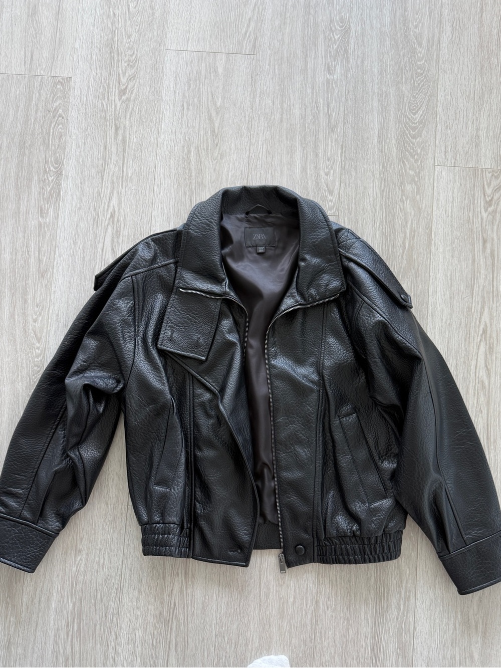 Zara Black Faux Leather Bomber Jacket